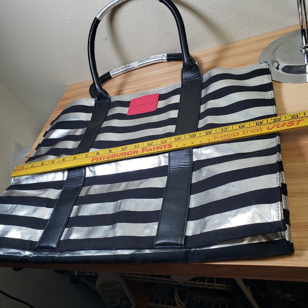 Victoria's Secret Black Silver Stripe Tote Bag Logo Front Weekender CarryAll NWT - Picture 4 of 13